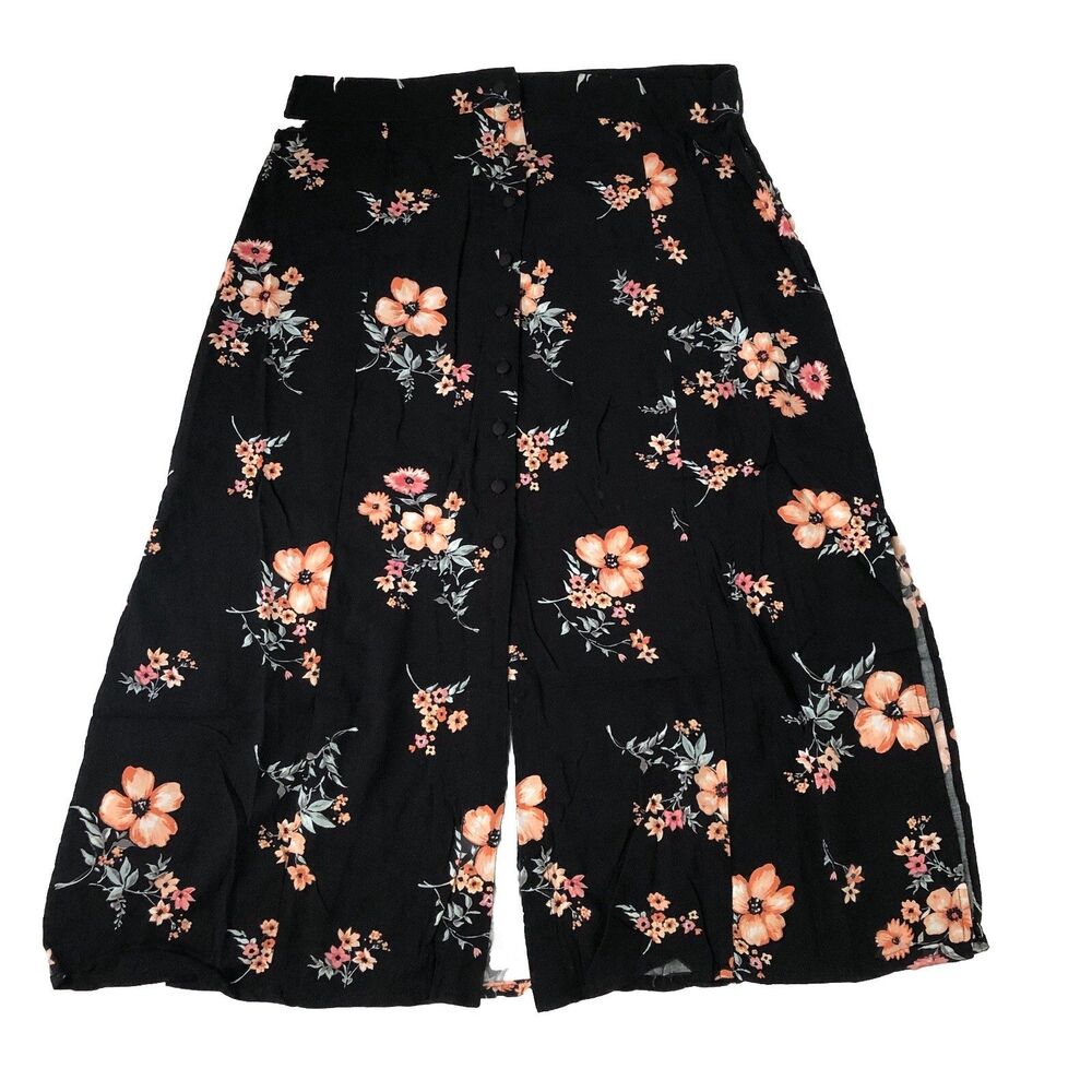 H&M Divided Women’s Floral Button Front Midi Skirt Black Boho Size 10